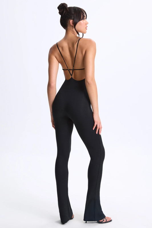 Plunge Open-Back Flared Jumpsuit in Black - Size:L
